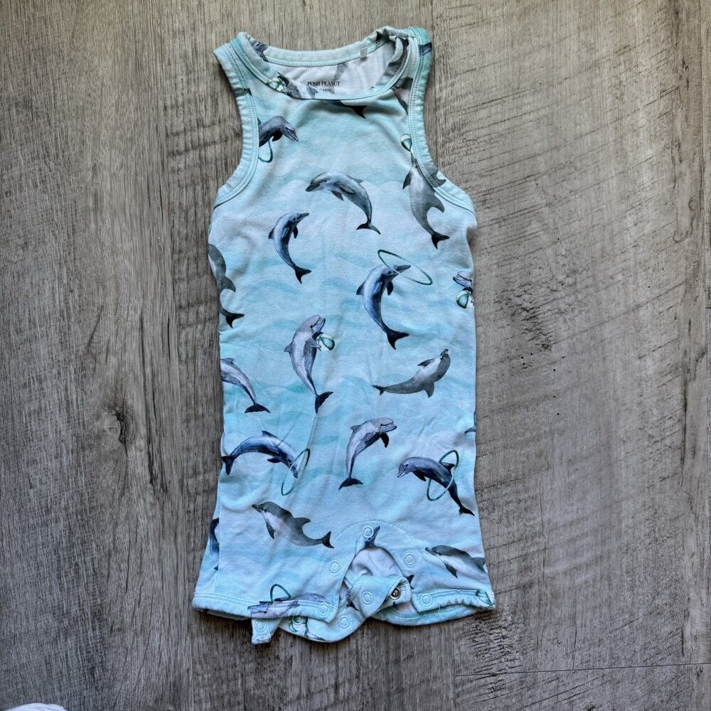 Posh Peanut Dolphin Blue Romper Bamboo Sleeper 6-9 mo One Piece Shortall PJS